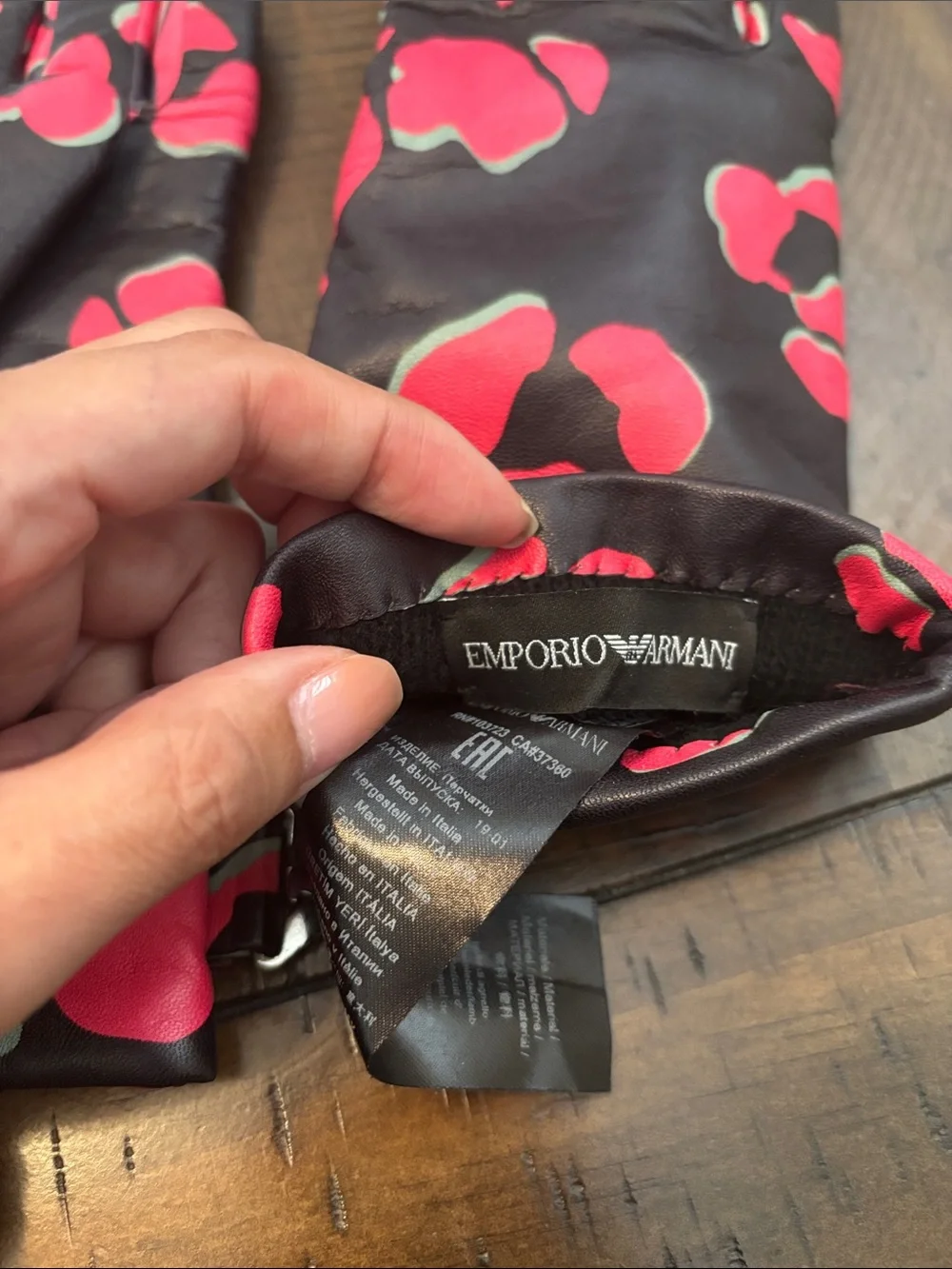 Emporio Armani Black Leather Gloves with Pink & Aqua Floral Spots